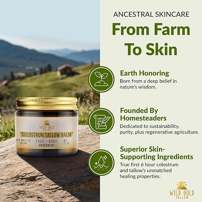 100% Grass Fed Tallow Balm with Colostrum & Emu Oil - Handmade Whipped Beef Tallow for Face and Body, Sensitive Skin Tallow Moisturizer made with True First Colostrum, (Unscented)