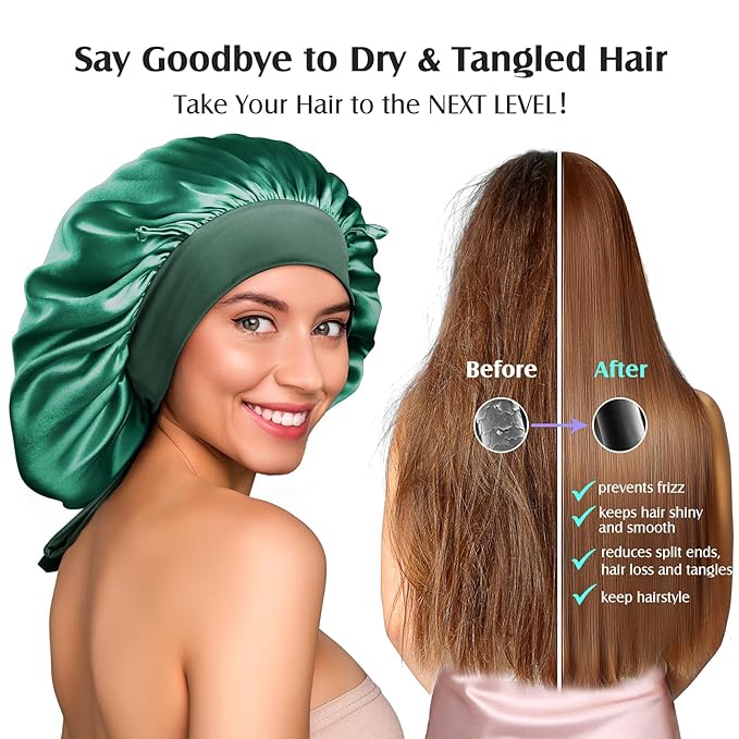 YFONG 100% 22 Momme Mulberry Silk Bonnet for Sleeping Women, Larger Double Layer Silk Hair Wrap for Curly Short Long Hair, Non-Slip Sleep Cap Turban with Elastic Tie Band for Hair Care, Green
