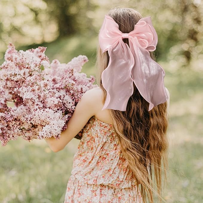 2Pcs Large Hair Bow Clips, Pink Silk Lace Ribbon Bow for Women, Elegant Long Tail Bowknot French Hair Styling Barrette for Wedding, Parties, Daily Use