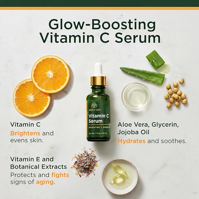 Tree of Life Beauty Vitamin C Skin Care Set, Skin Brightening Face Oil for Dark and Age Spots, Facial Serums for Dry and Sensitive Skin with Hyaluronic Acid & Vitamin E for Soft Smooth Skin, 1 Fl Oz
