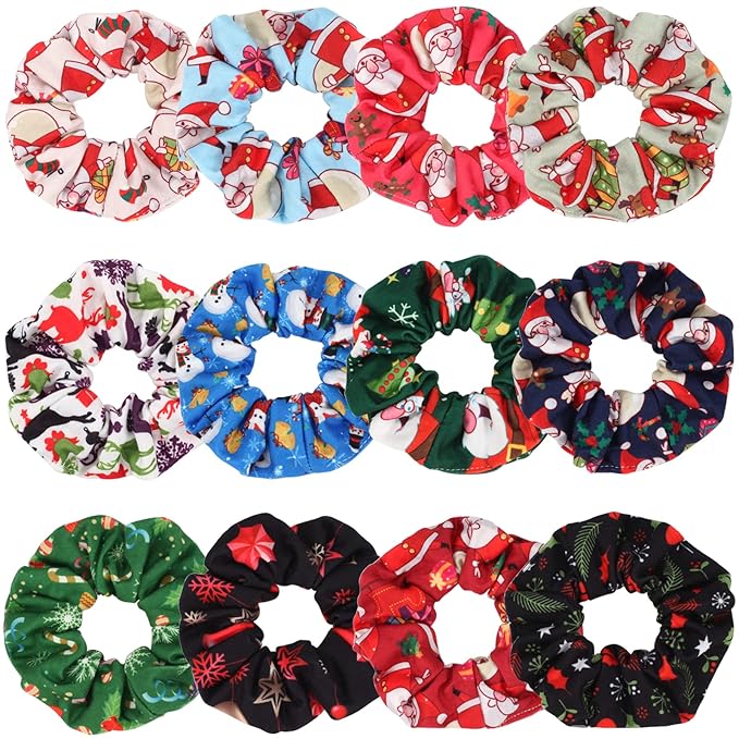 12 PCS Christmas Hair Scrunchies Snowflake Santa Christmas Tree Antlers Elk Snowman Hair Ties Soft Elastic Hair Bands for Women Girls Gifts Ponytail Holders Hair Accessories (12PCS-C-Christmas)