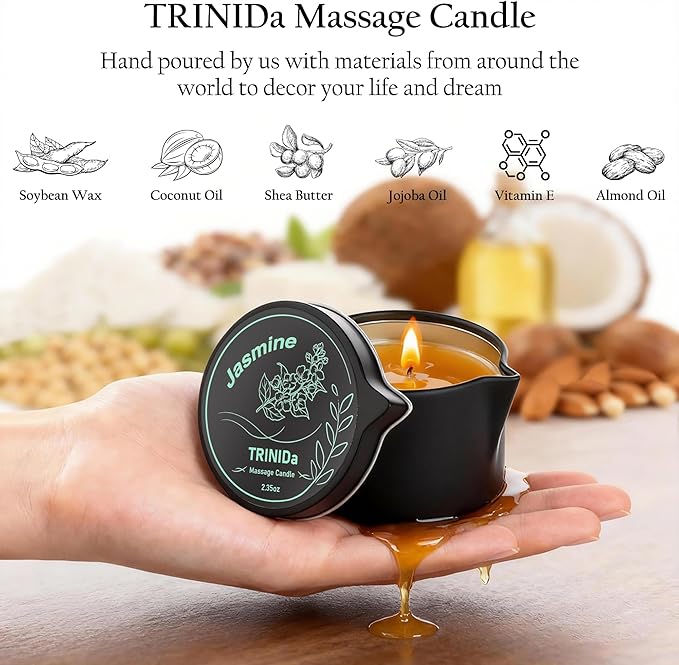TRINIDa Low Temperature Massage Oil Candle 2.35oz - Soy Wax & Coconut Oil Blend, Moisturizes Skin,Stress Relief, Couples Massage & Home SPA, Romantic Gift Massage Scented Candle (Jasmine)