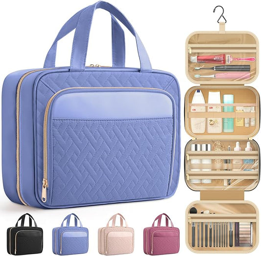 HOTOR Travel Toiletry Bag for Women & Men, Waterproof Makeup Bag with Hanging Hook and Multiple Pockets, Cosmetic Bags for Women, Travel Essentials, 12.6'' x 4.3'' x 9.9'', Aegean-Blue