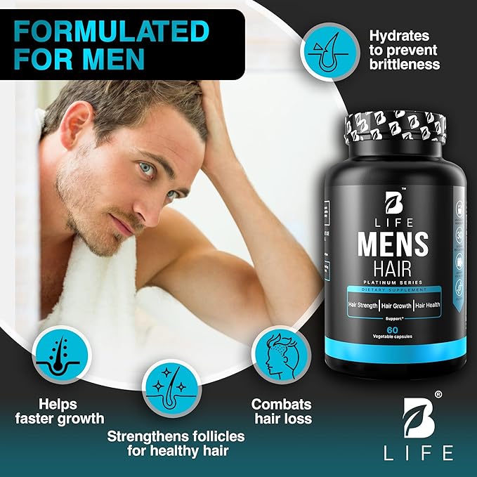 Men’s Hair Growth Supplement – Biotin & Collagen Hair Vitamins for Men – Thicker, Fuller Hair, Nail & Scalp Support – Hair Loss Supplement with Zinc, Selenium & Vitamins A C D E – 60 Capsules