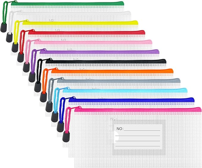 AUSTARK Plastic Mesh Zipper Pouch, 12Pcs Zipper File Bags with Label Pocket, Game Boards Storage Bags, Waterproof Document Storage Bags for Office Home Travel (Receipt Size 9.2x4.1 in)