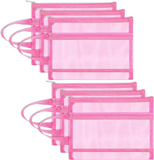 6 Pack Mesh Zipper Pouch Bags, Double Layer Nylon Pouch with Handle for Office Travel Organization (Pink, A5)
