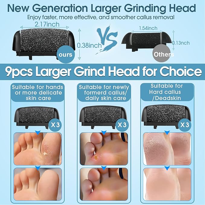 Electric Foot File Callus Remover for Feet - 9pcs Larger Grinding Head&3Speed, Pedicure Kit Foot Scrubber Deadskin Callus Remover, Foot Care Kit Pedicure Tools for Dead Skin Callus Hardskin Dry Cracks