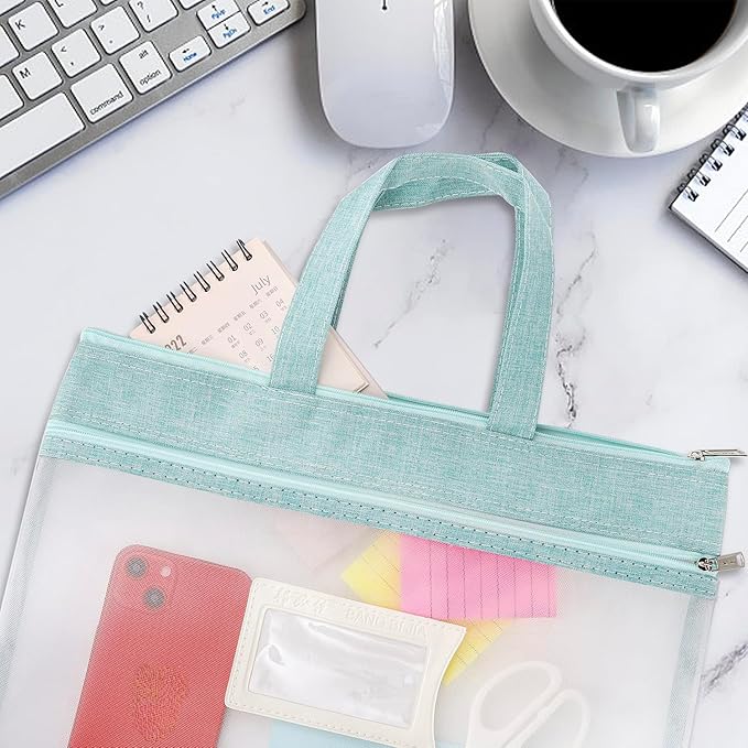 AVLA 4 Pack Student Book Pouches, A4 Mesh Zipper Bag with Handle, File Document Puzzle Bag with Name Card Pocket for Organizing Storage Board Games, School Office Appliances, Convenient to Carry