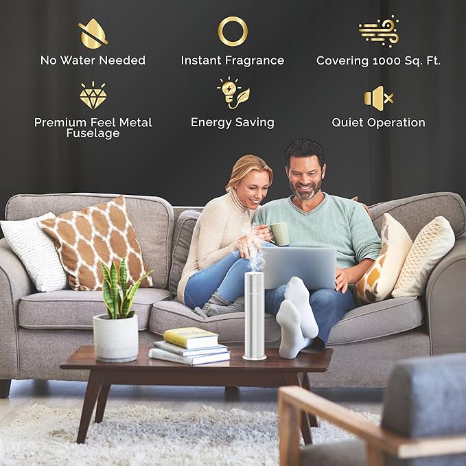 Waterless Essential Oil Hotel Scent Diffuser - Cold Air Diffuser - Covers 1000 sq. ft. - Waterless Diffuser for Home, Office & Hotel (Black + Interchangeable Sleeve) (Black + Gold Sleeve)