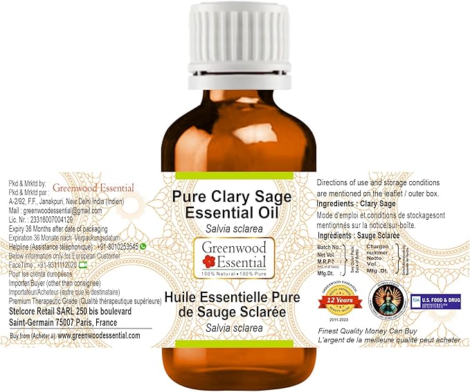 Greenwood Essential Pure Clary Sage Essential Oil (Salvia sclarea) Steam Distilled 15ml (0.50 oz)