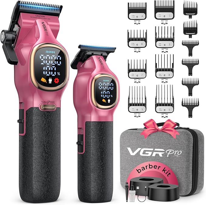 Professional Hair Clippers for Men, Professional Barber Clippers and Trimmer Set, Cordless Hair Clippers for Hair Cutting with Package Case, Powerful 9000 PRM Rechargable Electric (Pink)