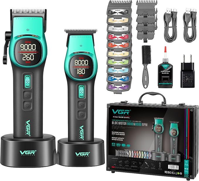 VGR 885 S2 Cordless Barber Clippers and Trimmers Kit, Professional Hair Clippers for Men, Haircut Kit with DLC-Coated Ceramic Blades, 21-Speed Roller, 2 Magnetic Charging Bases, LED Display, Green