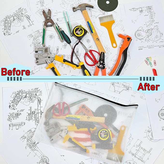 AUSTARK 10 Pcs Zipper File Bags, Waterproof Plastic Mesh Pouch for Office School, Board Game Storage Bags (A3 Size 16.9''x12'', White and Black)