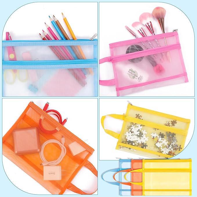6 Pack Mesh Zipper Pouch Bags, Double Layer Nylon Pouch with Handle for Office Travel Organization (Hot Pink, A5)