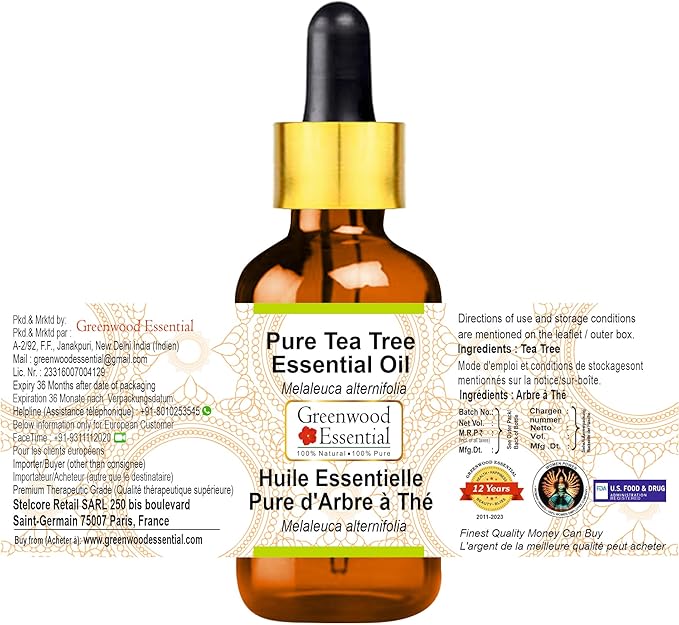 Greenwood Essential Tea Tree Essential Oil (Melaleuca alternifolia) with Glass Dropper | Pure | Non-Sticky | Non-Greasy | Lightweight | Men & Women | All Skin Types | Steam Distilled 15ml (0.50 oz)