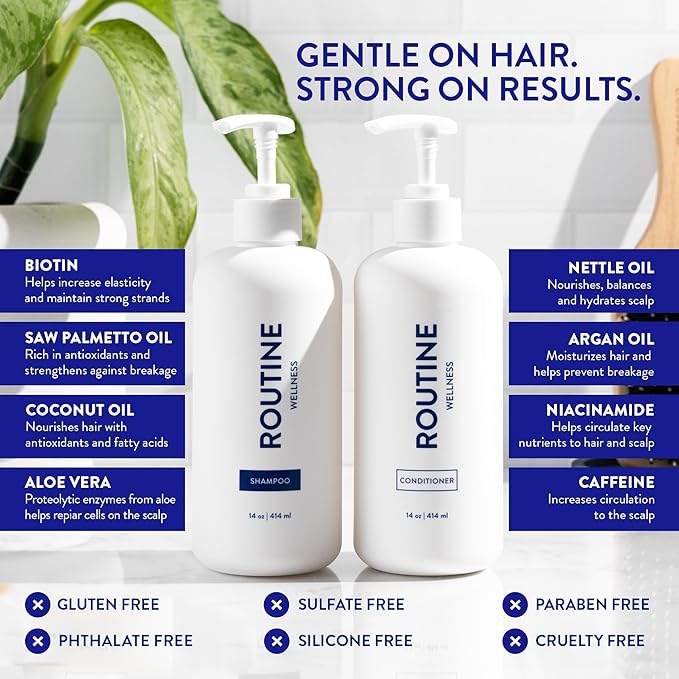 Routine Wellness Anti-Thinning Shampoo and Conditioner Set for Thinning Hair - Biotin DHT Blocker Women & Men - Color Safe Shampoo for Hair Loss & Healthier Hair - Jasmine & Rosewater (Pack of 2)