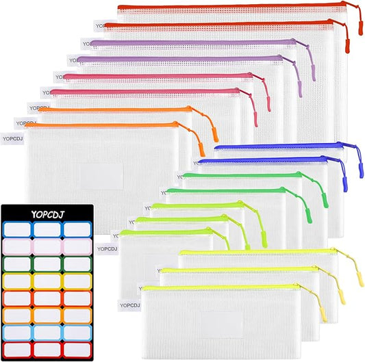18 Pack 8 Size Mesh Zipper Pouch Bags, Waterproof Zipper Bags with Label Pocket,File Bags for Classroom Organization,Zipper Pouches of Office Supplies,Puzzles, Board Game Storage