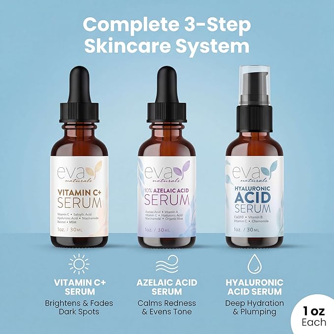 Eva Naturals Azelaic Acid Skincare Serum for Face – Facial Care with Niacinamide & Hyaluronic Acid Formula for Redness Soothing, Acne Breakouts, Uneven Skin Texture, Fragrance Free (1 Fl Oz)