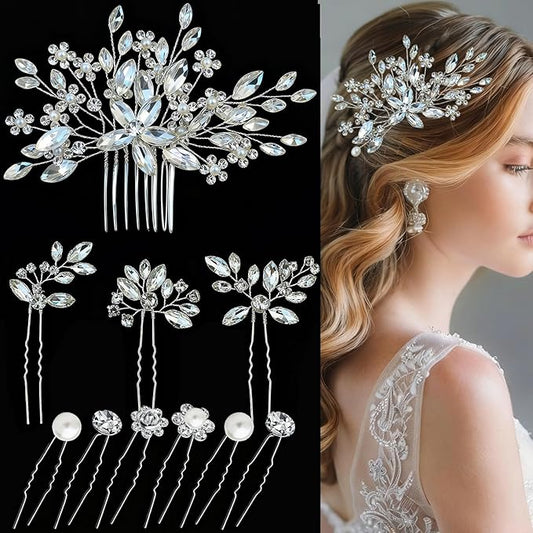 10 pcs Wedding Hair Accessories Bridal Hair Pins Silver Rhinestone with Pearls Hair Pieces for Brides Women Girls (Silver A)