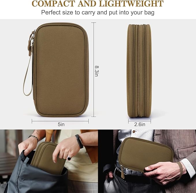 FYY Electronic Organizer, Travel Cable Organizer Bag Pouch Electronic Accessories Carry Case Portable Waterproof Double Layers Storage Bag for Cable, Charger, Phone, Earphone, Medium Size- Brown