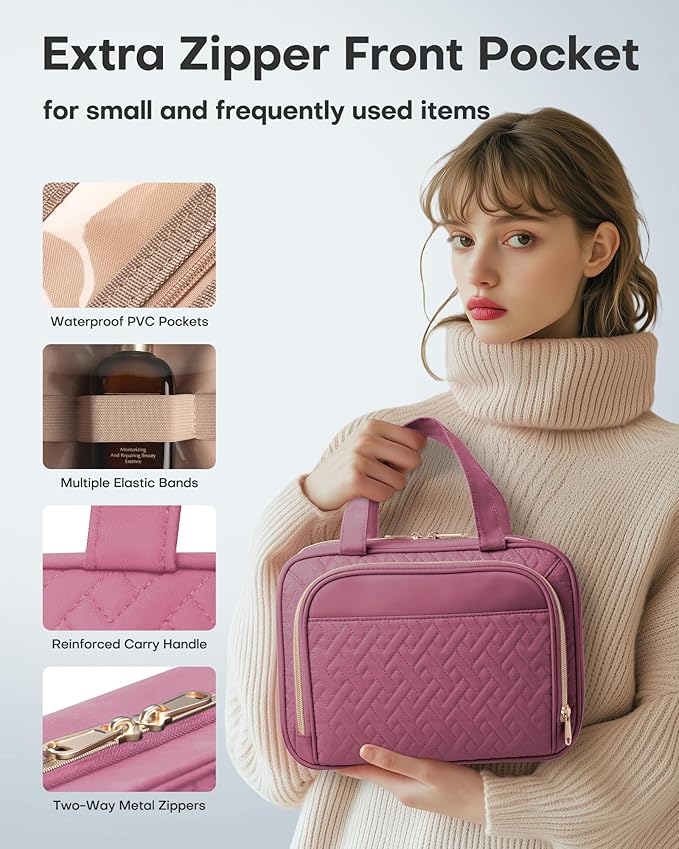 HOTOR Travel Toiletry Bag for Women & Men, Waterproof Makeup Bag with Hanging Hook and Multiple Pockets, Cosmetic Bags for Women, Travel Essentials, 12.6'' x 4.3'' x 9.9'', Rosewood-Pink