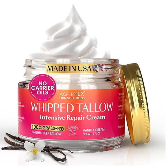100% Grass Fed Beef Tallow for Skin - Face and Body - No Oils Added, Whipped Tallow Balm - Deep Hydration and Skin Repair - Vanilla Essence - Soothes Dry Skin and Irritation - Fast-Absorbing