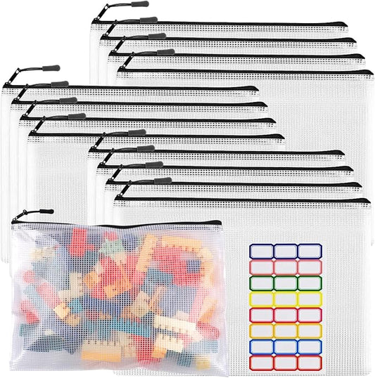 12pcs Large Mesh Zipper Pouch File Bags YOPCDJ Reusable Zippered Pouches for Organizing Classroom, Board Game Storage, Puzzle Bags Black