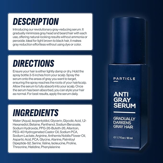 Particle Anti-Gray Serum for Men – Gradually Reduces Gray Hair on Head & Beard Without Dye – Natural Gray Reduction with Silverfree™, Vitamin A, Melitane & Allantoin – Peroxide & Ammonia Free