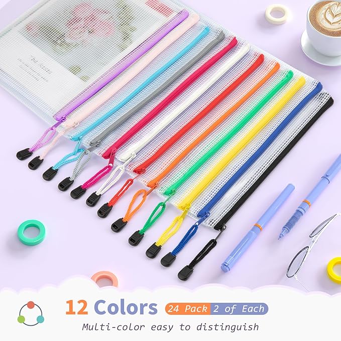 Umriox 24 Pack 12 Colors Small Zipper Pouch, 9.5" x 7.1"/A5 Size Mesh Bags with Zipper, mesh Bags for Puzzles Board Games and Office Supplies Travel Accessories