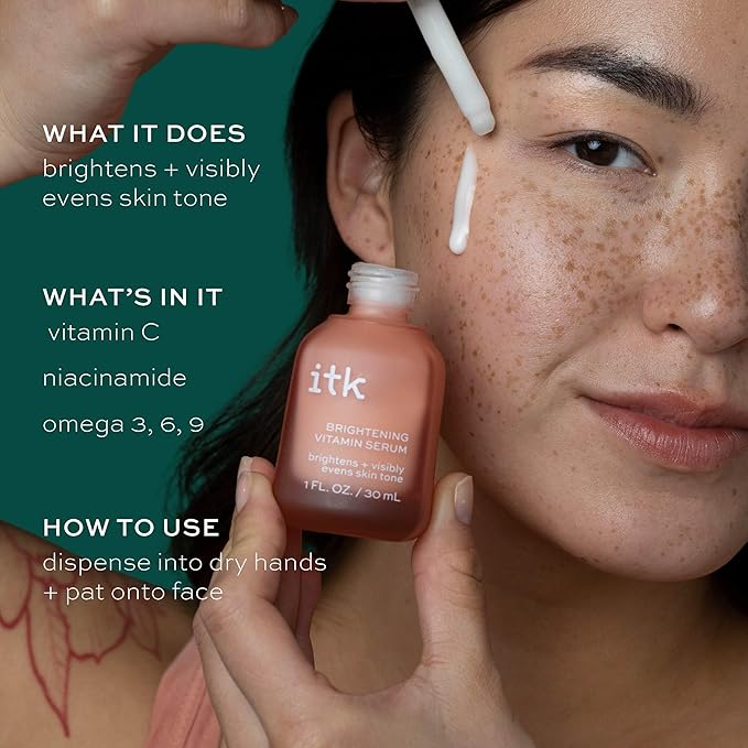 ITK Skincare 2-Part Face Serum Set for Brightening Skin, Correcting Dark Spots + Reducing Fine Lines - Vitamin C AM Face Serum with Light Niacinamide + Clarifying Peptides PM Face Serum with Bakuchiol