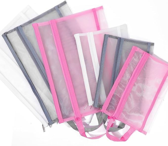 6 Pack Mesh Zipper Pouch Bags, Double Layer Nylon Pouch with Handle for Office Travel Organization (Hot Pink, A5)