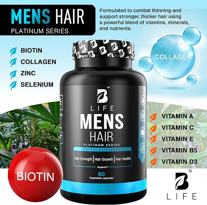 Men’s Hair Growth Supplement – Biotin & Collagen Hair Vitamins for Men – Thicker, Fuller Hair, Nail & Scalp Support – Hair Loss Supplement with Zinc, Selenium & Vitamins A C D E – 60 Capsules
