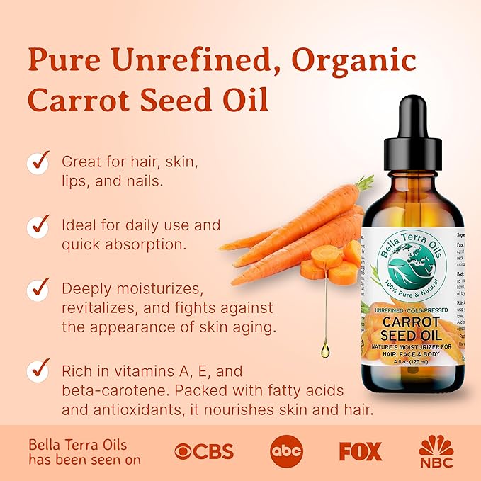 Bella Terra Oils - Organic Carrot Seed Oil 4 oz - Dive into Carotene's Natural Power, High in Essential Fatty Acids, Experience Luxurious Skin Nourishment