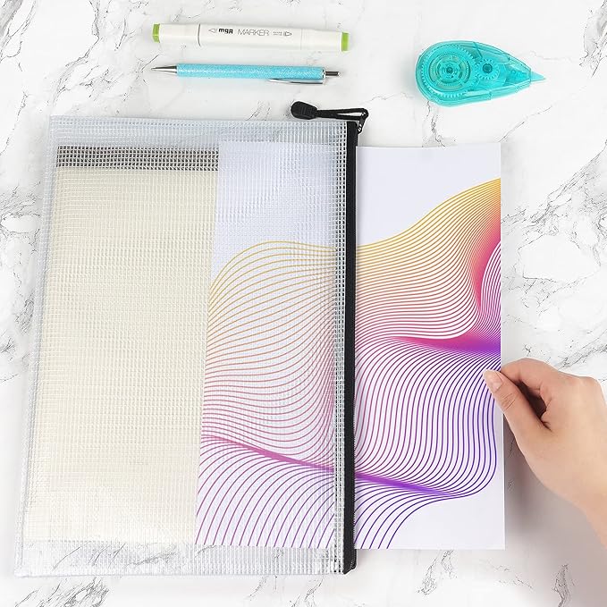 6 Pack Mesh Zipper Pouch Document Bag Waterproof Zip File Folders for School Office Supplies Travel Storage Bags (White)