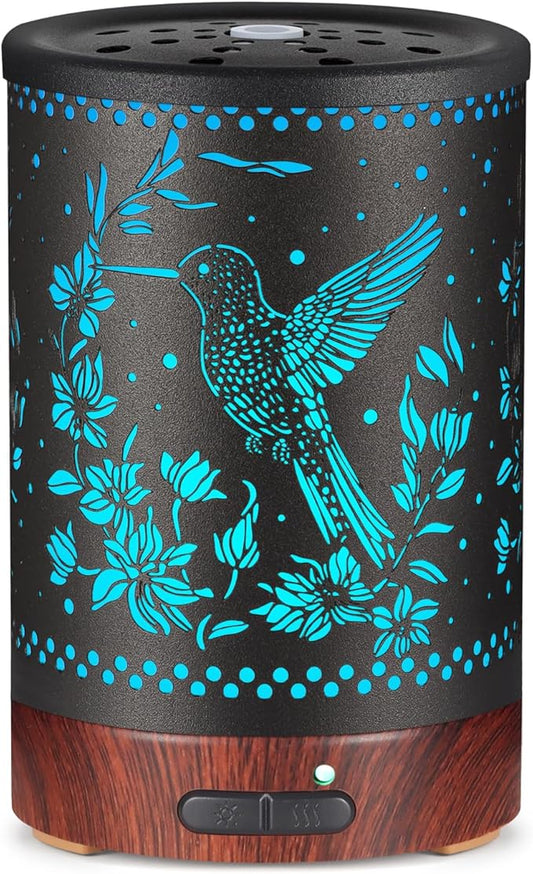 Metal Essential Oils Diffuser 150ML Aromatherapy Diffuser Cool Mist Humidifier with 7 Colors Lights Waterless Auto Off Air Diffusers as Gifts for Moms Women Girls (E-Hummingbird)