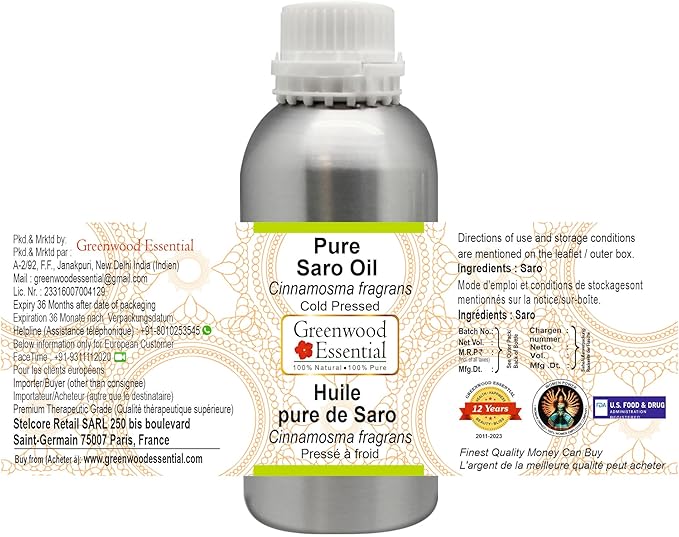 Greenwood Essential Pure Saro Essential Oil (Cinnamosma fragrans) Steam Distilled 300ml (10 oz)