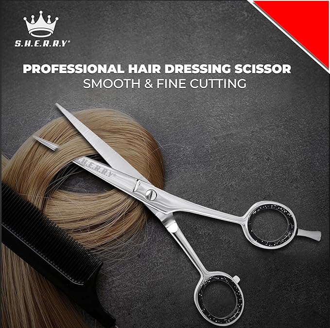 Professional Barber Shears 6” – High Carbon Stainless Steel Hair Cutting Scissors with Razor Sharp Edge for Salon & Home Use by S.H.E.R.R.Y (Silver, 6 inches)
