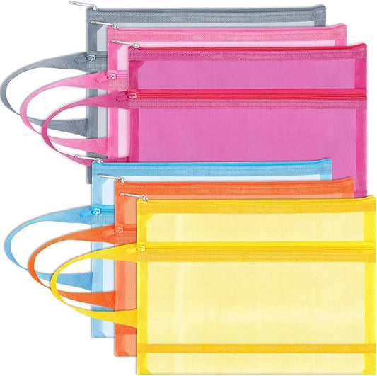 6 Pack Mesh Zipper Pouch Bags, Double Layer Nylon Pouch with Handle for Office Travel Organization (Multicolor, A4)