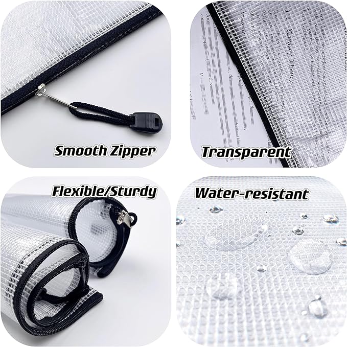 Oaimyy-B5(8"x 11",12 Pcs) Plastic Mesh Zipper Pouch Document Folders Bag & Zip File Folders for School Office Supplies, Travel,Puzzles Games Organizing Storage-Black