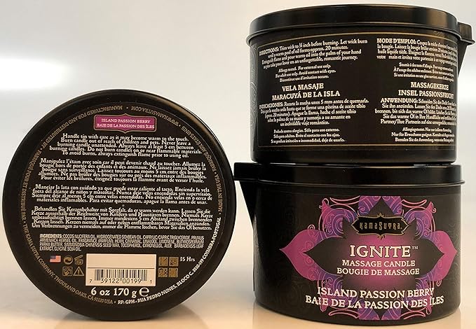 KAMA SUTRA Ignite Massage Candle - Coconut Oil and Soy Based - Island Passion Berry, 6 oz Candle Melts into a Warm Massage Oil, Couples Massage, Pour Spout Massage Candle