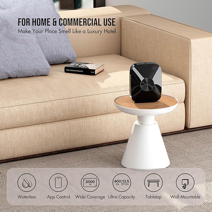 Airversa Smart Waterless Essential Oil Diffuser Scent Air Machine with 12A1V Power Adapter for Large Rooms Spaces Home and Commercial Use, Up to 2000 sq ft 400 mL Capacity Scent Diffuser, Black ANA