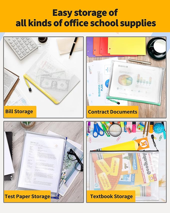 SUNEE Plastic Mesh Zipper Pouch 6.8x9.2 in (9 Colors, 18 Packs),Extra Large Water-Resistant Zip Bag for School Office Supplies, Puzzles & Games Organizing Storage