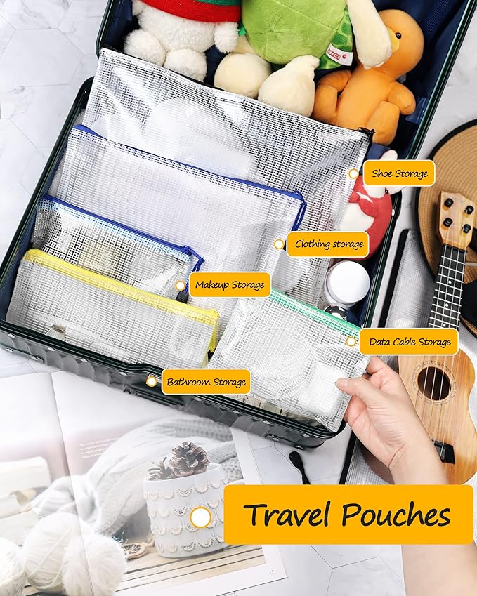 SUNEE Plastic Mesh Zipper Pouch 11x16 in (6 Colors, 18 Packs),Extra Large Water-Resistant Zip Bag for School Office Supplies, Puzzles & Games Organizing Storage