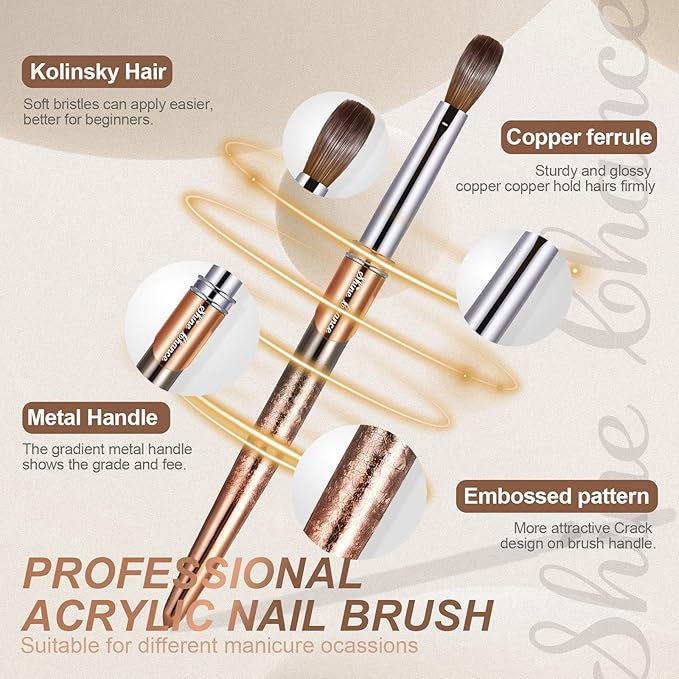Acrylic Nail Brush Size 8, 100% Real Kolinsky Art Nail Brush for Acrylic Powder Application, Handmade Women Manicure Nail Extension Tool for Professional DIY Home Salon and Beginners