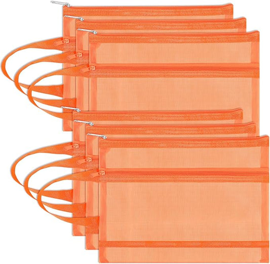 6 Pack Mesh Zipper Pouch Bags, Double Layer Nylon Pouch with Handle for Office Travel Organization (Orange, A4)