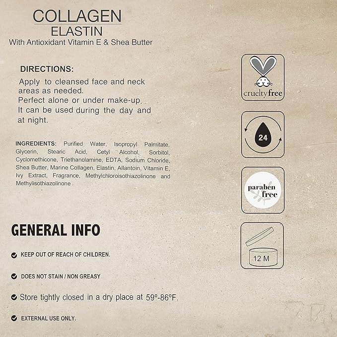 Lawrens Collagen Elastin Cream with Antioxidant Vitamin E & Shea Butter Cosmetics - Hydration - Firmness - Elasticity - 4 oz